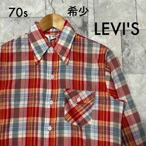 70s 希少 LEVI'S リーバイス チェックシャツ 長袖 衿芯 薄手 ヴィンテージ USA企画 サイズM相当 玉SS1207