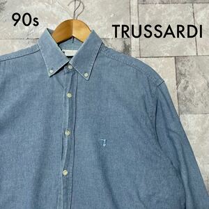 90s イタリア製 TRUSSARDI トラサルディ デニムシャツ 刺繍ロゴ ボタンダウン ビッグシルエット 長袖 ヴィンテージ サイズM 玉SS1204