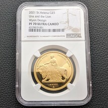 ★1円スタート【最高鑑定 2021年 ウナとライオン NGC PF70UC 鑑定 金貨】セントヘレナ 5ポンド エリザベス2世金貨 1oz 31.1g 純金K24_画像2