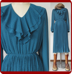 古着♪レトロ・Vintage青ドットフリルドレスワンピ♪70s60s70年代60年代ヴィンテージ日本製衣装式昭和モダンアンティーククラシカル