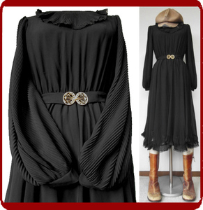 古着♪レトロ・Vintage黒袖プリーツワンピ♪70s60s70年代60年代80年代ヴィンテージ日本製衣装式個性的昭和フォーマルアンティークモッズ9号