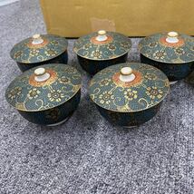 1152 九谷焼　九谷陶和　茶器セット 湯呑蓋つき　5客　急須 煎茶道具 青粒 現状品_画像2