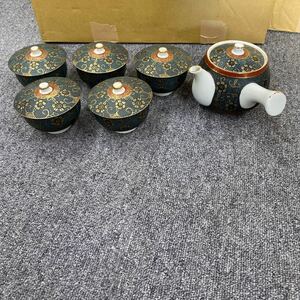 1152 九谷焼　九谷陶和　茶器セット 湯呑蓋つき　5客　急須 煎茶道具 青粒 現状品