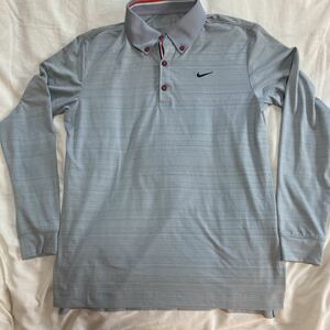 【程度良】ナイキゴルフ GOLF 長袖ポロシャツ M NIKE DRI FIT ボタンダウン　グレー系　ストレッチ素材　春　薄手