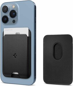 Spigen MagSafe対応 カードケース マグネット内蔵 高級レザー 磁気シールド 背面フォレット AMP02284 ブラック