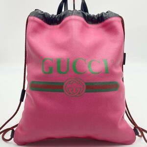 希少・美品GUCCI グッチ ドローストリング ナップサック プリント シェリーライン リュックサック ビジネスバッグ レザー ピンク