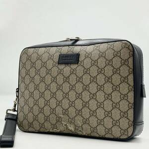 1円【現行】GUCCI グッチ メンズ GGスプリーム 総柄 クラッチバッグ セカンドバッグ ハンド 持ち手あり PVC×レザー ベージュ ブラック