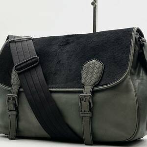 1円【希少/美品】入手困難 BOTTEGA VENETA ボッテガヴェネタ メンズ イントレチャート ハラコ ショルダーバッグ メッセンジャー 斜め掛け