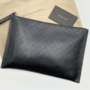 1円【現行/激レア】BOTTEGA VENETA ボッテガヴェネタ インタルシオ メンズ セカンドバッグ クラッチバッグ ハンド レザー エンボス 黒色