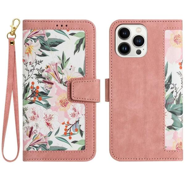 iphoneケース　人気新モデル　高級PUレザー　落下防止　カード3枚入り　可愛い花柄　携帯カバー　(ピンク)