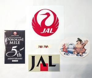 【レア】JAL 旧ロゴ 防水 透明ステッカー 、鶴丸ステッカー、どこかにマイル5周年ステッカー、JAL CARGOシール、JALロゴミニシール＆おまけ