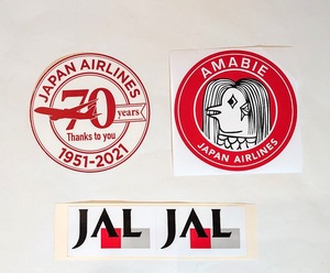 【レア・新品】JAL 旧ロゴ 防水ステッカー、日本航空70周年ステッカー、アマビエステッカー ＆おまけの千社札 限定品 非売品