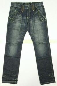 新品「ROCKERS & RIDERS」ヴィンテージ加工 尾錠付き ライダースパンツ デザインジーンズ SIZE:48