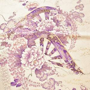 ◆琳花◆ 正絹はぎれ 真珠色に紫の花々 金彩 車 美品 37.5×213 長尺 着物はぎれ タペストリー クッション インテリア スヌード