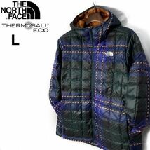 1円～!売切!【正規新品】THE NORTH FACE PRINTED THERMOBALL ECO HOODIE 中綿ジャケット US限定 軽量 ダウン(L)青 緑 チェック柄190122-120_画像2