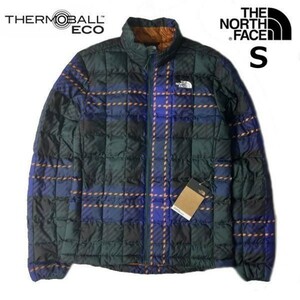 1円～!売切!【正規新品】THE NORTH FACE PRINTED THERMOBALL ECO JACKET 中綿ジャケット US限定 軽量 ダウン(S)青 緑 チェック柄190122-105