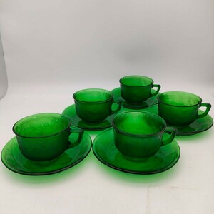  Showa Retro color glass cup & saucer green cloudiness glass 