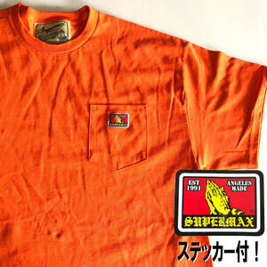 ◎【SUPERMAX HARDWARE】size:Ｌ ポケットTシャツ Orange スーパーマックス ステッカー付/ロサンゼルス hardcore チカーノ Lowrider