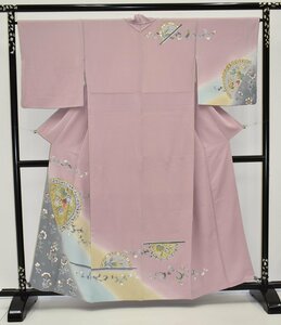 【ちどりや】美品 正絹 縮緬 訪問着 袷 広衿 身丈155cm/裄65cm 友禅加工 金彩加工 花更紗 覗き銅鏡 藤 作家物 落款有 K26