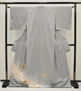 【ちどりや】未使用品 美品 正絹 付下げ 袷 広衿 身丈172.5cm/裄62.5cm 金彩加工 扇面 萩 秋草文様 裾暈し 銀鼠 躾付 G17