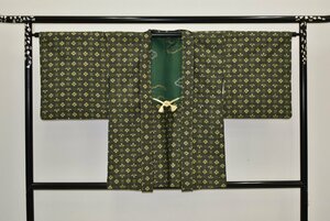 【ちどりや】美品 正絹 村山大島紬 羽織 袷 身丈80cm/裄66cm L寸 花市松モチーフ 深緑 K207