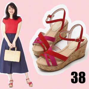 PICHE ABAHOUSE★クッションソール サンダル 38レッド 赤 ピンク 革 美品 プラットフォーム 厚底 スウェード