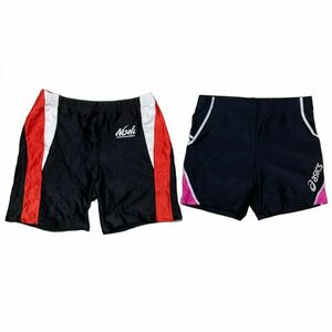 6【整理品リサイクル2枚セット】ニシスポーツ＆アシックス女子陸上レーシングタイツ(S相当)★ランパン・陸上ウエア★光沢黒ブラック