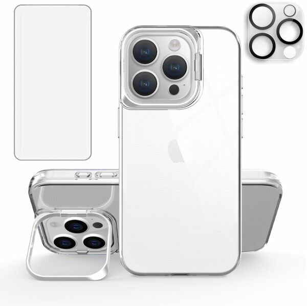 iPhone 15Pro ケース(6.1インチ) + フィルム+ カメラフィルム スタンド付き 耐衝撃 クリア 