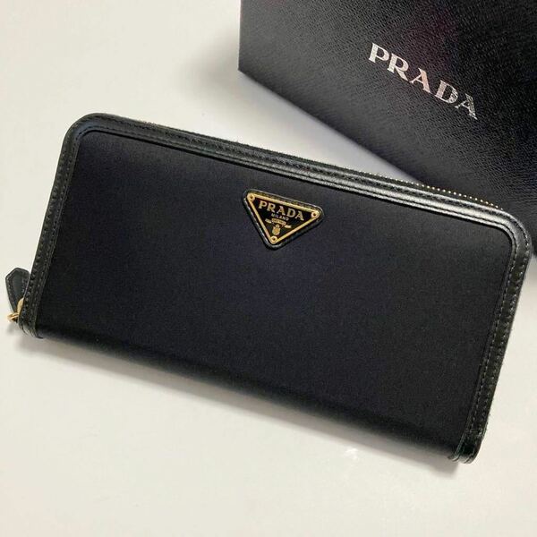 ★中古美品 PRADA プラダ ラウンドファスナー ジップ 長財布 テスート 三角 ゴールドロゴ 黒【鑑定済み 本物保証】