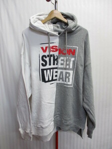 VISION STREET WEAR　ボックスロゴパーカー　メンズL　白グレー切り替えデザインスウェットパーカー　フーディージャケット ブルゾン11012