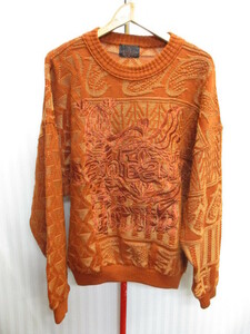 Santa fe　サンタフェ　90s00sヴィンテージ　総柄セーター　メンズ０４　オレンジ系　ロゴ刺繍ウールニットセーター ウールジャケット11162