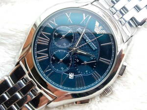 美品　EMPORIO ARMANIエンポリオアルマーニ AR-1787　エメラルドブルー文字盤 腕時計　ビッグサイズ クロノグラフ クオーツ