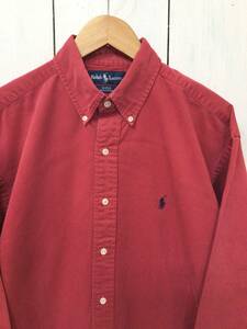 Ralph Lauren ラルフローレン コットン長袖シャツ 単色 厚手シャツ 胸ロゴ メンズM 大きめ 良品