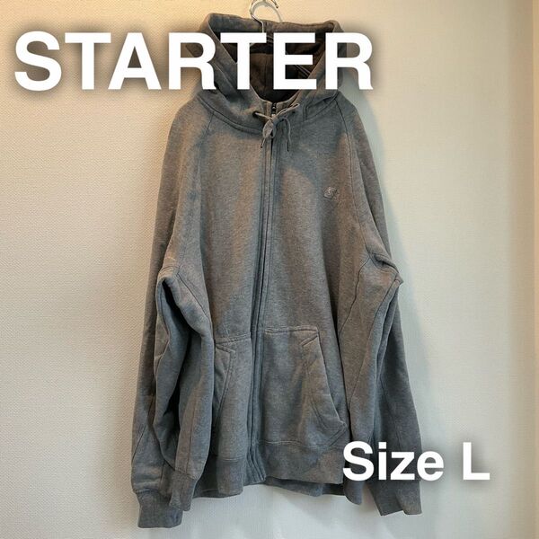 STARTER スターター ジップアップ パーカー フーディ L グレー フード 灰色 ビックサイズ オーバーシルエット ゆるダボ