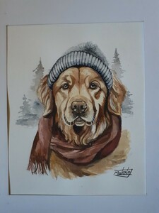 Art hand Auction Peinture à l'aquarelle d'un golden retriever, Peinture, aquarelle, Peintures animalières