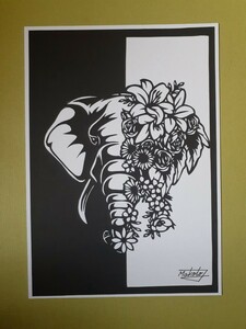 Art hand Auction 切り絵アート ゾウと飾り花, 美術品, 絵画, はり絵, きり絵