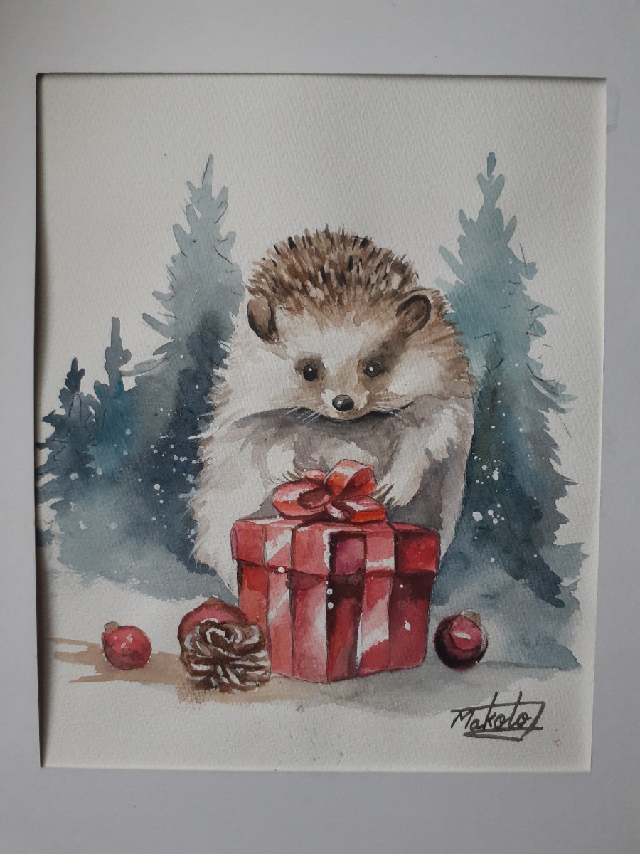 Watercolor painting: A gift from a hedgehog, Painting, watercolor, Animal paintings