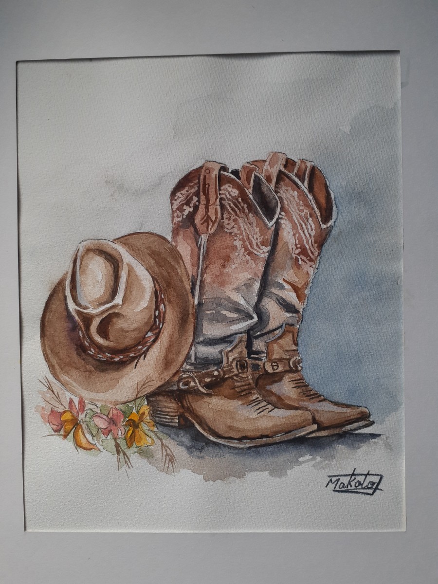 Aquarell-Cowgirl-Stiefel und -Hut, Malerei, Aquarell, Stilllebenmalerei