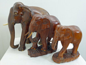 送料無料 ◆ 木彫りの象 3体セット ◆ 大43cm・中27cm・小24cm/幅 彫刻 レトロ アジアン