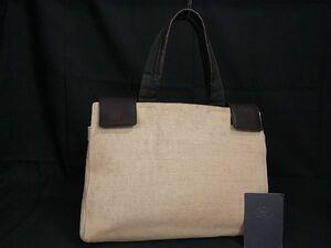 1円 PRADA プラダ キャンバス×レザー トートバッグ ハンドバッグ レディース メンズ ライトベージュ系 BF3515