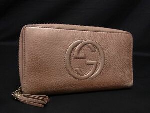 1円 GUCCI グッチ インターロッキングG レザー タッセル ラウンドファスナー 長財布 ウォレット 小銭入れ 札入れ ピンクベージュ系 BF3647