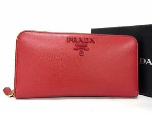 1円 PRADA プラダ サフィアーノレザー ラウンドファスナー 長財布 ウォレット 小銭入れ 札入れ レディース レッド系 AS3357