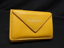 1円 BALENCIAGA バレンシアガ 391446 ペーパーミニ レザー 三つ折り コンパクト 財布 ウォレット 小銭入れ 札入れ イエロー系 AQ9029_画像1