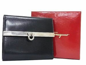 1円 ■美品■ Salvatore Ferragamo フェラガモ ガンチーニ レザー 三つ折り 財布 ウォレット レディース ブラック系 CB1283