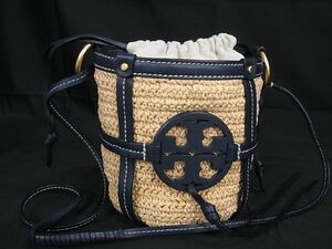 1円 ■極美品■TORY BURCH トリーバーチ ミラー ストロー×レザー 巾着型 クロスボディ ショルダーバッグ ベージュ系×ネイビー系 AU0775