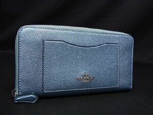 1円 ■美品■ COACH コーチ F21068 レザー ラウンドファスナー 長財布 ウォレット レディース メタリック ブルー系 AV0379