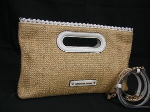 1円 ■美品■ MICHAEL KORS マイケルコース ストロー×レザー 2WAY クロスボディ ショルダーバッグ ハンドバッグ ベージュ系 AR9812