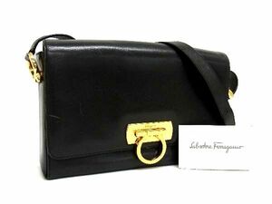 1円 Salvatore Ferragamo フェラガモ E21 4696 ガンチーニ レザー ミラー付き クロスボディ ショルダーバッグ ブラック系 BG4774