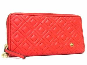 1円 ■美品■ TORY BURCH トリーバーチ フレミング レザー ラウンドファスナー 長財布 ウォレット 小銭入れ 札入れ レッド系 AU0466