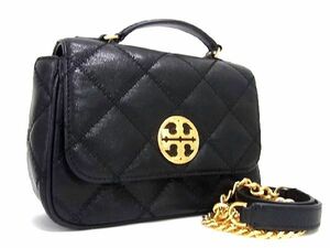 1円 ■美品■ TORY BURCH トリーバーチ ウィラ レザー キルティング チェーン 2WAY ハンドバッグ ショルダー 斜め掛け ブラック系 AU0628